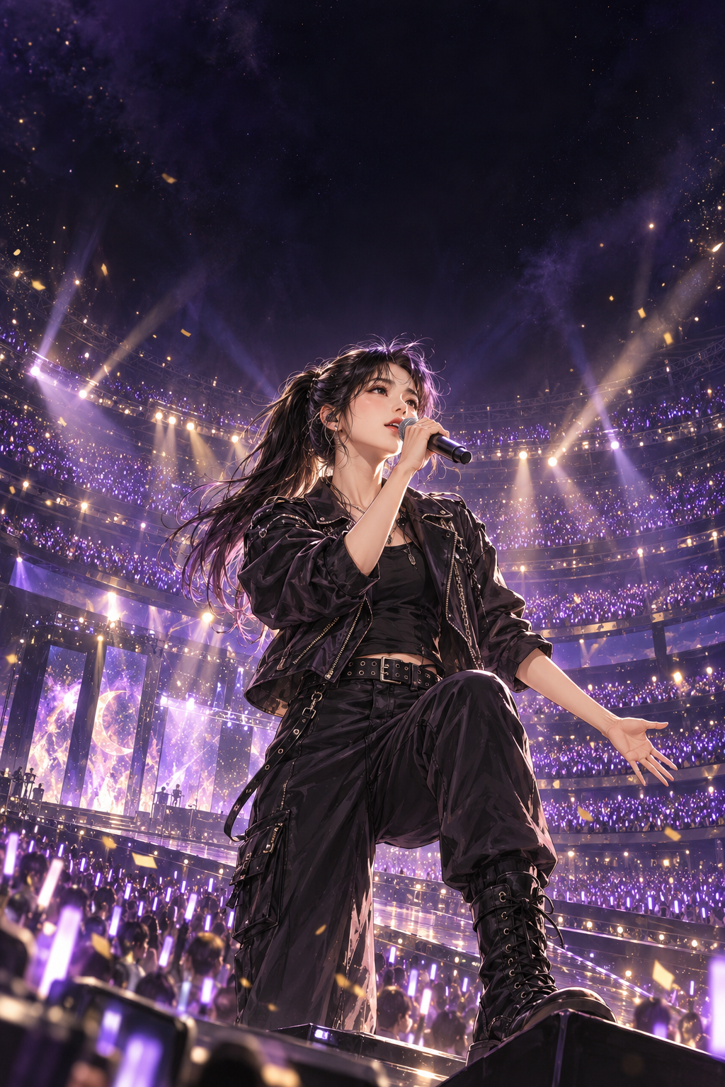 女主唱安夏握著麥克風，在紫色應援燈海中唱出自己的搖滾歌曲。