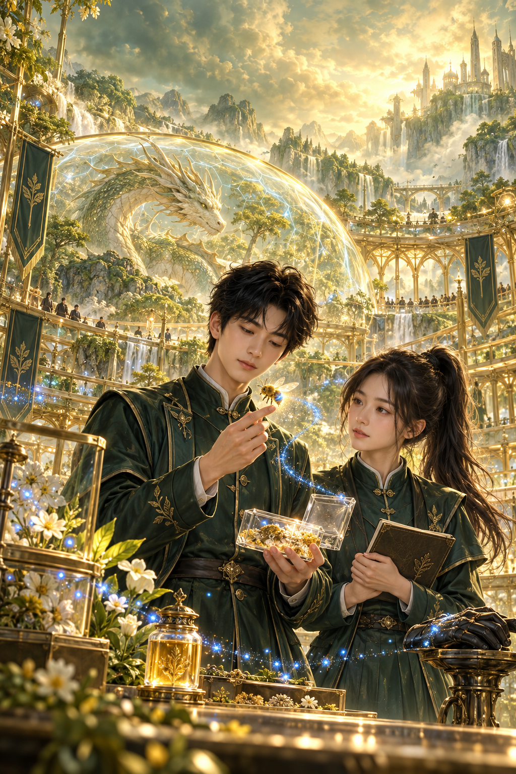 《全校都召喚神獸,只有我抽到一隻蜂》:沈禾與故事關鍵道具;亞洲角色、深色髮色、端莊服裝。